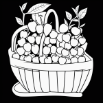 Simple black and white vector line art of a fruit basket with apples and bananas, designed as a children's coloring page with bold outlines and minimal composition.