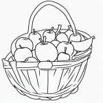 A simple black and white vector line art of a fruit basket featuring apples and bananas with bold outlines, designed as a children's coloring page on a flat white background.