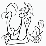 A simple black and white vector line art of a genie emerging from a lamp, featuring bold clean outlines on a flat white background, perfect for children's coloring.