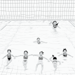 Black and white vector line art of kids swimming in a pool with bold, clean outlines, ideal for children's printable coloring pages.