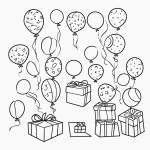 Black and white vector line art of wrapped gifts and balloons with bold outlines, ideal for children's coloring, set on a flat white background.