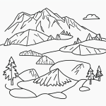 Simple black and white vector line art of mountains with a hiking trail, featuring bold clean outlines and minimal composition for a coloring page.