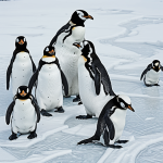 Black and white illustration of penguins sliding on ice with bold outlines, perfect for a coloring book.
