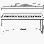 Simple black and white vector line art of a piano keyboard and notes, featuring bold clean outlines, perfect for children's printable coloring page.