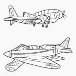 Simple black and white vector line art of a toy airplane with a smiling face, designed as a printable children's coloring page.