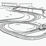 A simple black and white vector line art of a toy train on tracks, designed as a children's printable coloring page with bold clean outlines and minimal composition.