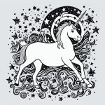 Simple black and white vector line art of a unicorn with stars, featuring bold clean outlines and a flat white background, perfect for a printable coloring page.