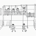 Simple black and white vector line art of children playing in a playground with swings, featuring bold clean outlines and minimal composition for coloring.