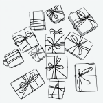 Simple black and white vector line art of wrapped presents with ribbons, featuring bold clean outlines and a flat white background, ideal for children's coloring pages.