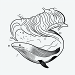 Black and white vector line art of a whale with water spray, bold outlines, minimal composition, perfect for printable coloring pages.