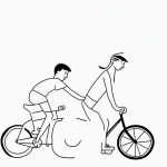 An outline drawing of a child riding a bicycle, featuring simple black and white vector line art with bold, clean outlines on a flat white background.