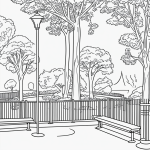 Simple black and white vector line art of a park featuring a bench and lamp post, ideal for children's printable coloring pages with minimal composition.