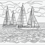 Black and white line art of a boat sailing on water with clean outlines, perfect for coloring book enthusiasts seeking relaxation and creativity.