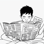 Line art of a boy reading a book, featuring simple, clean outlines in black and white, designed for coloring and creativity with uncolored blank areas.