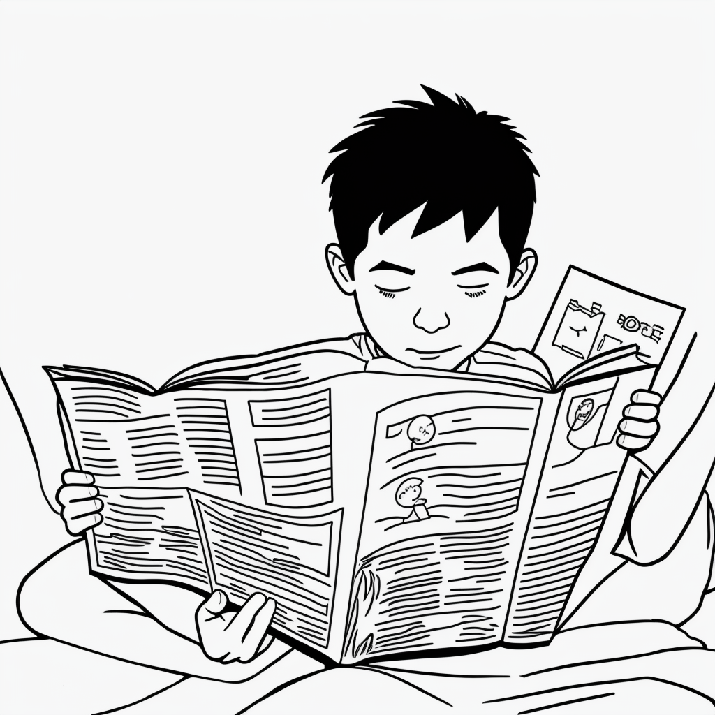 Engaging Line Art of Boy Reading Book for Coloring Fun