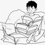 Line art of a boy reading a book, featuring simple black and white outlines with blank fill areas, ideal for coloring book enthusiasts.