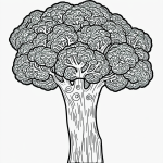 Black and white broccoli cartoon line art with clean outlines, perfect for coloring book style activities and creativity.