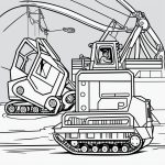 Simple bulldozer cartoon in black and white line art, perfect for coloring book enthusiasts seeking creative, uncolored outlines with no shading.