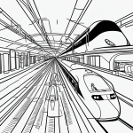 Black and white line art of a bullet train with simple, clean outlines and blank fill areas, perfect for a coloring book.