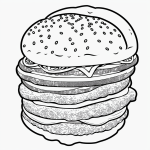Black and white line art of a burger cartoon with simple outlines, designed for coloring book enthusiasts, featuring clean outlines and blank fill areas.