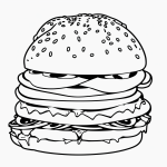 Black and white burger cartoon line art with clean outlines and blank fill areas, ideal for a coloring book, featuring no shading or gradients.