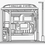 Black and white line art of a bus stop scene with clean outlines, ideal for coloring book enthusiasts seeking simple, uncolored designs.