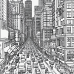 A black and white vector line art illustration of a busy city street with cars, people, and buildings, perfect for coloring book enthusiasts and art lovers.