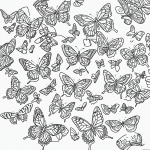 Black and white line art of butterflies and flowers with simple outlines, perfect for coloring book enthusiasts seeking creative relaxation.