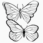 Simple black and white vector line art of a butterfly resting on a flower, featuring bold clean outlines and a flat white background, ideal for a children's coloring page.