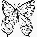 Black and white butterfly line art with simple, clean outlines, perfect for coloring books, featuring uncolored sections and no shading.