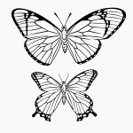 A simple black and white vector line art of a butterfly resting on a flower, featuring bold clean outlines, ideal for children's printable coloring pages.