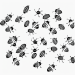 A simple black and white vector line art of bees buzzing around a beehive, designed as a children's printable coloring page with bold, clean outlines.