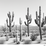 Black and white line art of a cactus and desert sun with simple outlines, perfect for coloring enthusiasts seeking minimalist, uncolored designs.