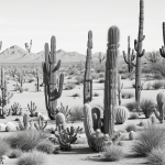 Simple black and white line art of a cactus and desert sun, designed in an uncolored, outline style perfect for a coloring book project.