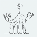 Black and white camel cartoon with simple outlines, perfect for coloring books, featuring clean, uncolored line art with blank fill areas on a white background.