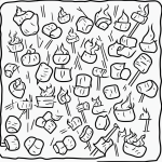 Simple black and white vector line art of a campfire with marshmallows on sticks, featuring bold outlines and minimal composition, suitable for children's coloring.