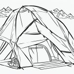 A simple black and white vector line art of a camping tent beside a campfire, designed as a children's printable coloring page with bold, clean outlines.
