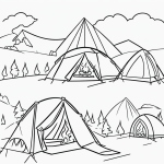 Simple black and white vector line art of a camping tent beside a campfire, perfect for children's printable coloring page.