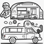 A simple camping van line art drawing in black and white, featuring clean outlines and blank fill areas, perfect for coloring enthusiasts of all ages.