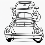 A simple car cartoon in black and white line art, with clean outlines and uncolored spaces, perfect for coloring book enthusiasts.