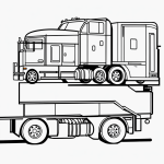 Simple black and white line art of a car transporter truck with clean outlines, perfect for coloring book enthusiasts, featuring blank fill areas on a white background.