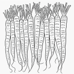 Black and white carrot cartoon line art with clean outlines, perfect for coloring book enthusiasts looking for simple and uncolored fill areas.