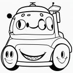 A cartoon car with a smiling face, depicted in simple black and white line art, designed as a coloring book page with clean outlines and uncolored fill areas.
