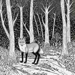Black and white illustration of a cartoon fox in a forest clearing, perfect for coloring enthusiasts seeking a relaxing and creative activity.