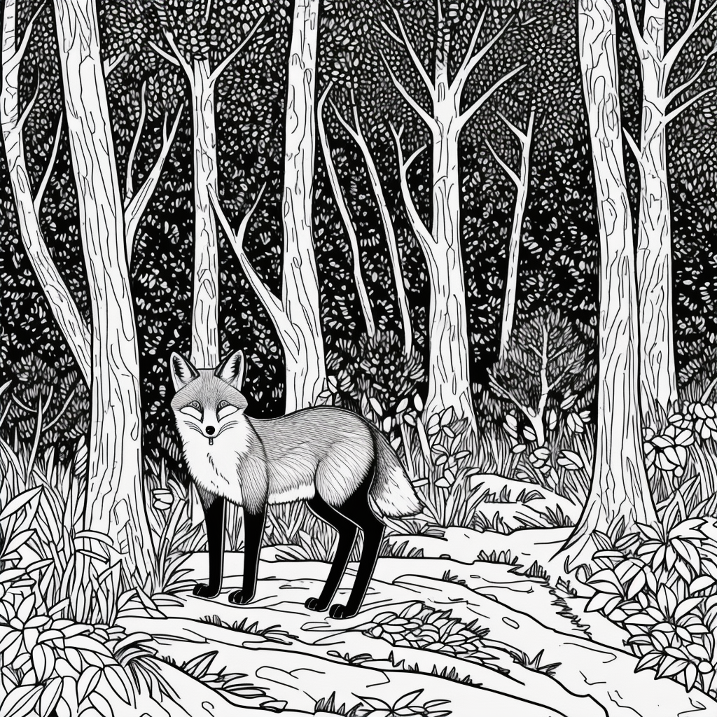 Explore Cartoon Forest Coloring: Fox in Black and White