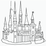 A simple black and white vector line art of a castle with tall towers and flags, designed as a printable coloring page for children.