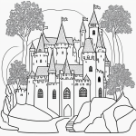 Simple black and white line art of a castle on a hill, perfect for coloring, featuring clean outlines and large, uncolored areas with no shading or gradients.