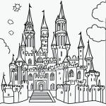 Black and white line art of a castle with towers, featuring simple outlines and uncolored fill areas, perfect for coloring book enthusiasts.