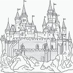 Line art of a majestic castle on a hill, featuring simple outlines and blank fill areas, perfect for coloring book enthusiasts seeking creative expression.
