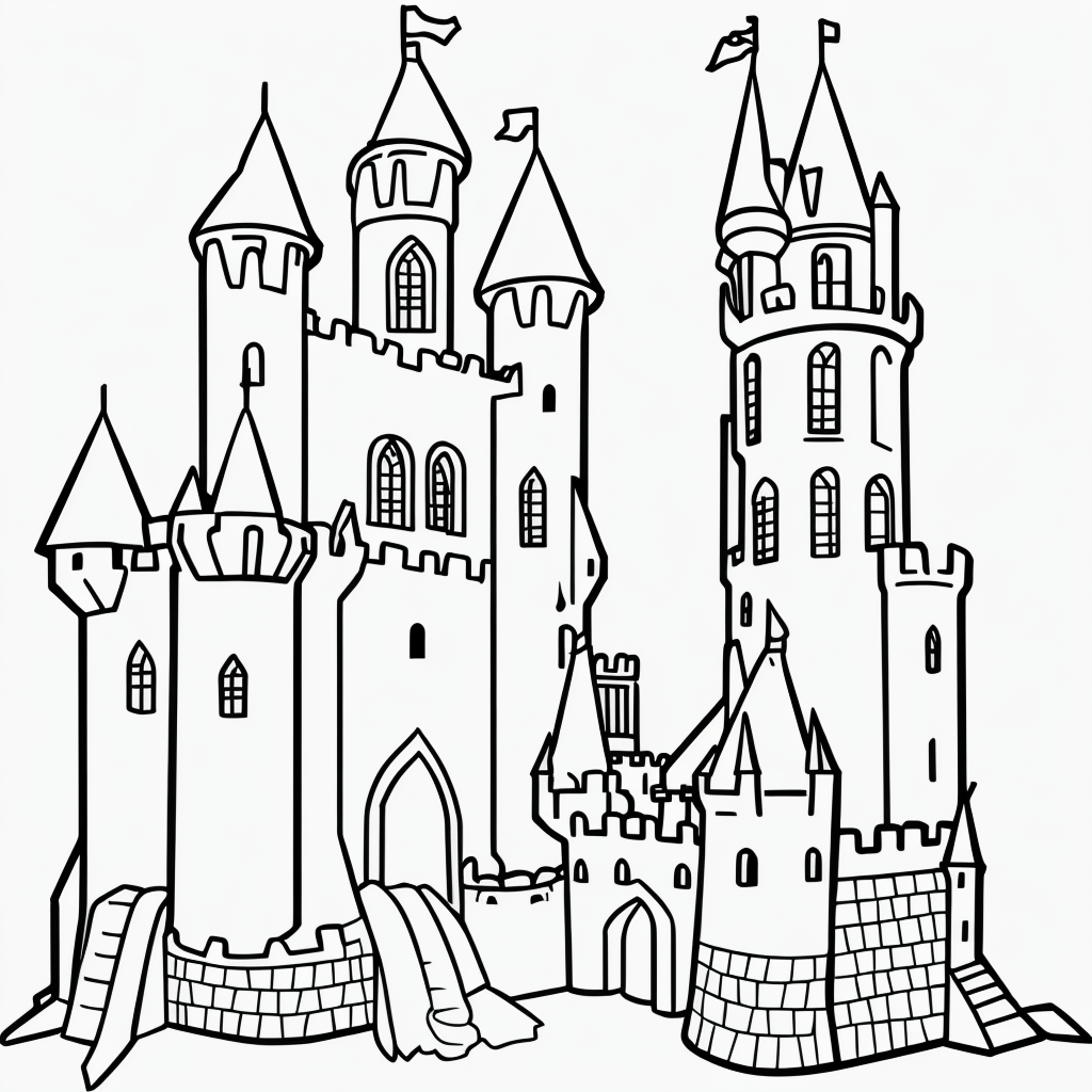 Explore Castle Tower Cartoon in Coloring Book Style